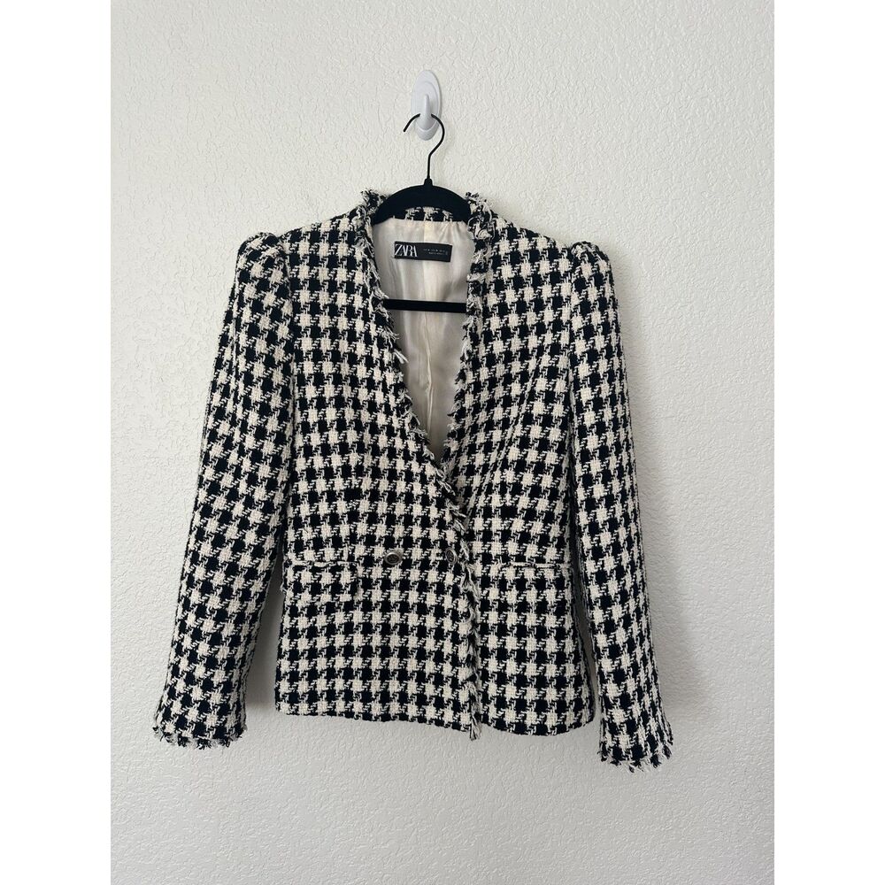 ZARA Black White Tweed Houndstooth Fringe Trim Blazer Jacket Size Medium